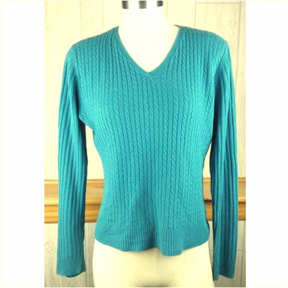 Tangents Jr's Large V Neck Turquoise Sweater - Y2K Lightweight Cableknit